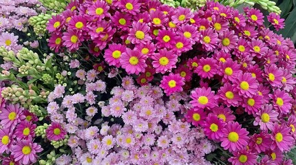 Fototapeta premium Pink and yellow flowers in a garden vibrant