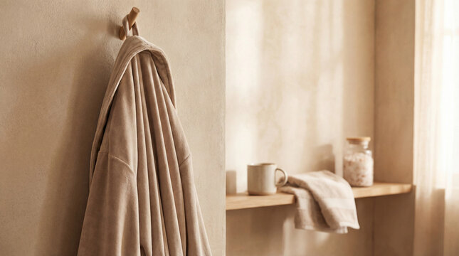 beige bathrobe hanging on hook in bathroom interior