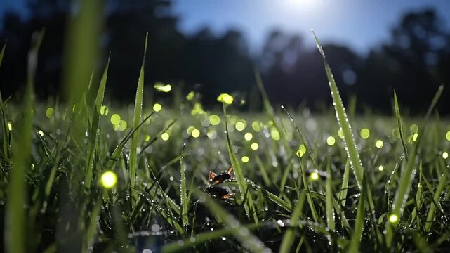 Fireflies lighting up a dewy green meadow at dusk