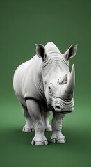 Monochromatic rendering of a rhinoceros stands against a solid green background