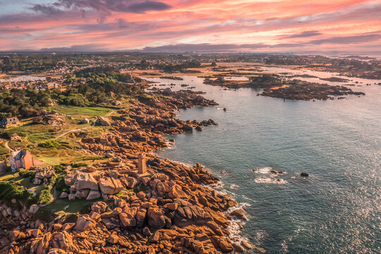 Aerial view with Ploumanac'h Lighthouse or Phare de Men Ruz in Brittany France