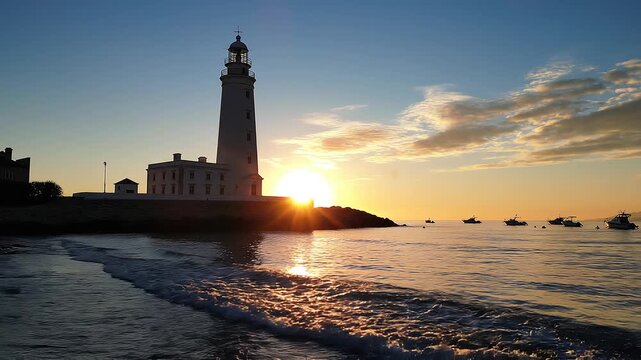 Lighthouse at Sunset on Rocky Coastline.