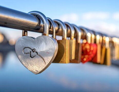 Row of love locks on a railing, focusing on a heart-shaped one, blurred background of water and sky