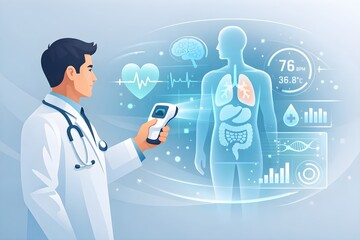 Minimal Vector Illustration of Doctor Diagnosis illness using Handheld Biosensor with Soft Holographic Data 