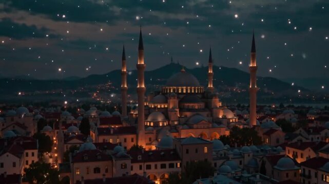 Magical Starry Night Over Grand Mosque in Istanbul with Glowing City Lights