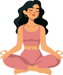 Vector illustration of a young woman meditating in lotus position wearing a pink athletic outfit on a white background.