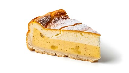 A delicious slice of vanilla cheesecake with a golden crust and a dusting of powdered sugar, presented on a clean white background.