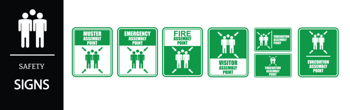 Safety signs for emergency assembly points and evacuation procedures
