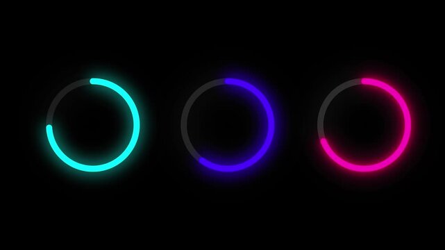 Three glowing neon loading rings in cyan, purple, and pink on black background progress circles