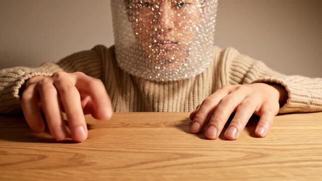 Person with bubble wrap on head and hands on table.