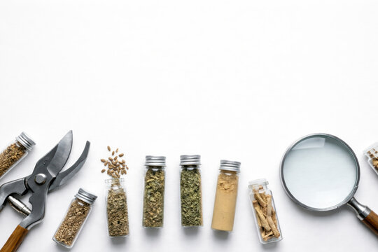 Strumenti di analisi botanica con boccette di erbe essiccate, semi, forbici e lente d'ingrandimento. Generative AI