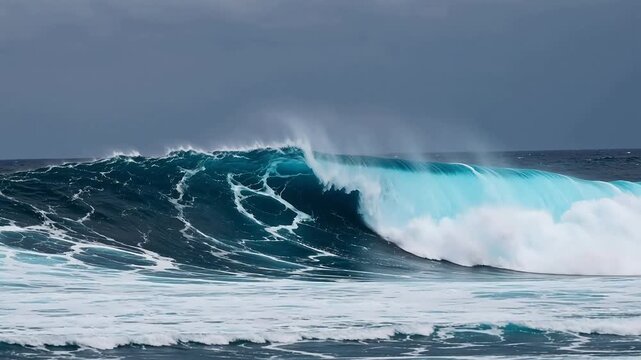 Large ocean wave crashing under cloudy sky