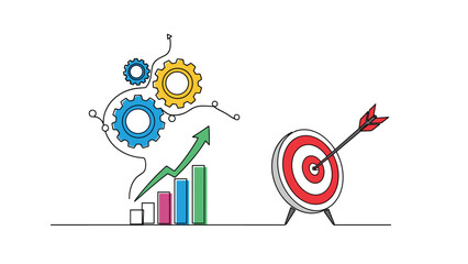 Obraz premium Successful business growth concept featuring rising bar charts a target board and mechanical gears for efficient progress.