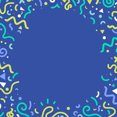 Abstract vector background featuring colorful confetti and playful curved shapes forming a frame on a blue background. Flat design suitable for celebration and decorative layouts.