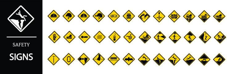 Collection of safety signs for hazard prevention and awareness