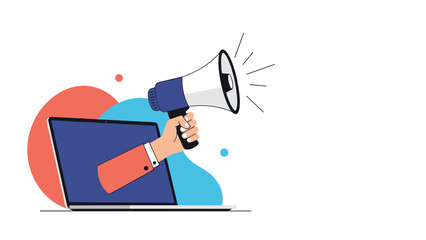 Fototapeta premium Hand reaching out from a laptop screen holding a megaphone for digital marketing news and online advertising concepts.