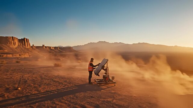 Solar Panel Technician Inspecting Equipment in Desert Landscape.