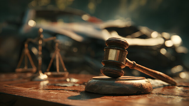 Gavel, scale, and car wreck evoke wrongful death legal claim and pursuit of civil justice.