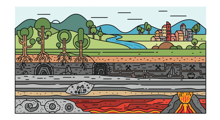 Cross section illustration showing earth's layers and mining activities beneath the surface © Hussain