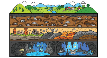 Cross section illustration showing layers of earth with ancient artifacts and creatures © Hussain