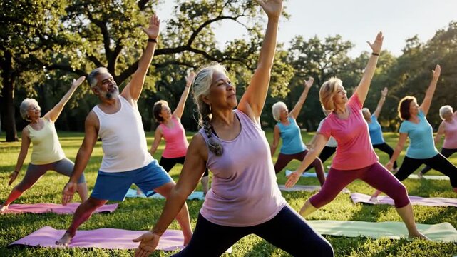 Diverse senior adults doing yoga outdoors in a sunny park