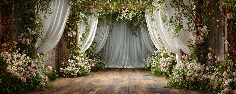 Wedding arch white curtain floral decoration ceremony backdrop green foliage wooden floor indoor venue romantic flower arrangement aisle wedding