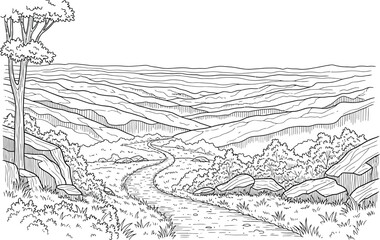 Fototapeta premium Scenic landscape illustration with winding path and rolling hills in black and white