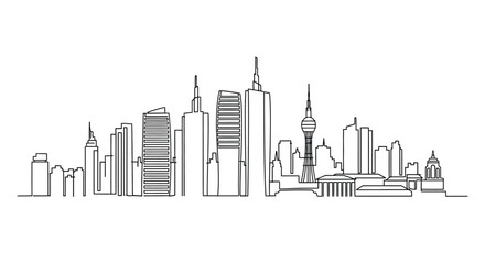A minimalist line drawing depicts a modern city skyline with prominent skyscrapers offering a striking silhouette high quality professional detailed elegant stylish © GDSneha02