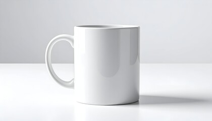 Obraz premium Simple white mug with a handle, resting on a white surface, casting a soft shadow against a white background