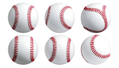 Six baseballs, angled in different positions. Red stitching is visible. White background