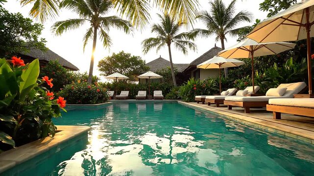 Luxurious Pool with Palm Trees and Umbrellas.