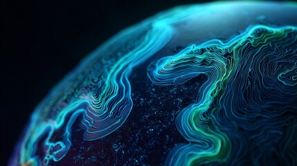 A luminous digital globe showcases dynamic, glowing teal and green topographical lines, creating an abstract representation of global data and networks.