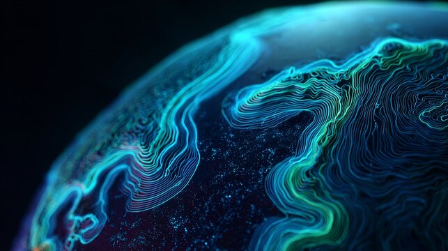 A luminous digital globe showcases dynamic, glowing teal and green topographical lines, creating an abstract representation of global data and networks.
