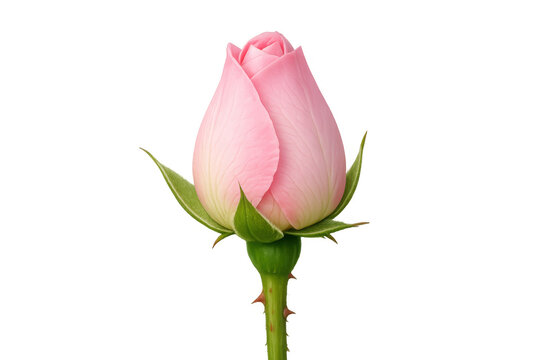 Pink rose bud with green stem and thorns on transparent background, symbolizing beginning, purity, and love