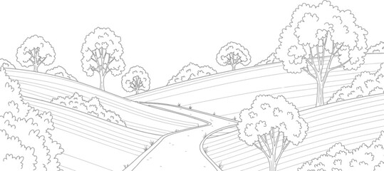 Fototapeta premium Serene landscape with rolling hills and trees in a simple black line drawing