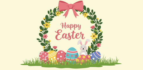 Easter celebration with wreath bow eggs bunny grass flowers
