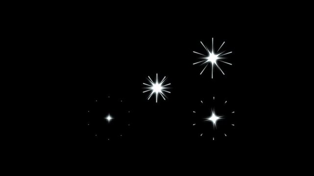 Blinking twinkling stars animation with flat doodle vector sparkle style, shiny glowing light motion, smooth magical shine and soft glitter effects on black screen background in 4k