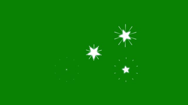 Twinkle star light trails animation with white vector stars, fast glitter motion, glowing sparkle effects and smooth twinkling shine on clean green screen background in high quality 4k