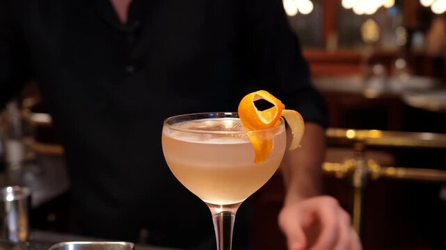 Close up of bartender preparing classic cocktail with orange twist at upscale bar setting ambiance for celebration