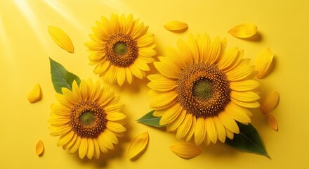 Obraz premium Three bright sunflowers with petals and leaves on a solid yellow background, sunny