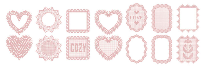 Romantic lace frame, hand drawn elegant dollies napkin border, doodle holiday wedding decoration set. Bridal whimsical heart shape print, vintage ornate greeting box. Filigree lace frame graphic art © Oleksandra