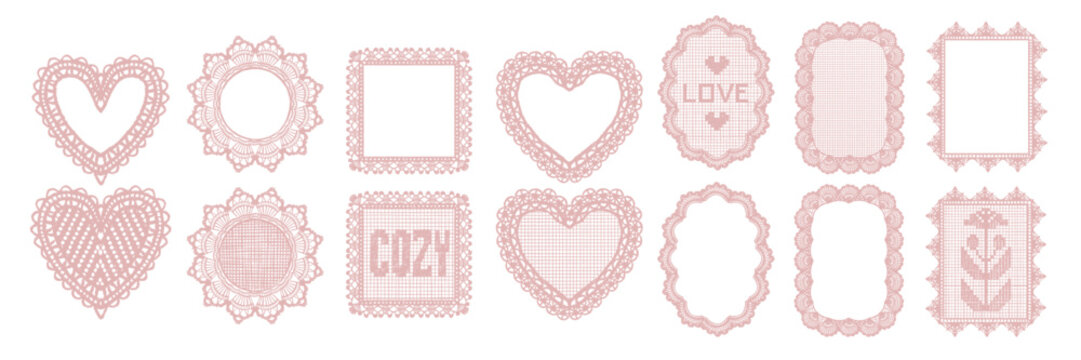 Romantic lace frame, hand drawn elegant dollies napkin border, doodle holiday wedding decoration set. Bridal whimsical heart shape print, vintage ornate greeting box. Filigree lace frame graphic art