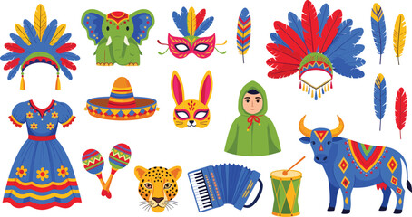 Obraz premium Festive Carnival Illustration Set with Colorful Brazilian Headdresses Maracas Traditional Dress Musical Instruments and Decorated Animals Like Elephant Leopard and Bull for Party Designs