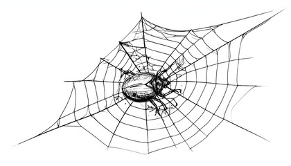 Fototapeta premium Sketched spider in a web. Delicately drawn web with a spider in the center, on a white background. Simple yet elegant