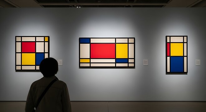a person seen from behind at the museum looking
a square, a horizontal rectangle and a vertical rectangle hanging on the wall, Mondrian style, spot light