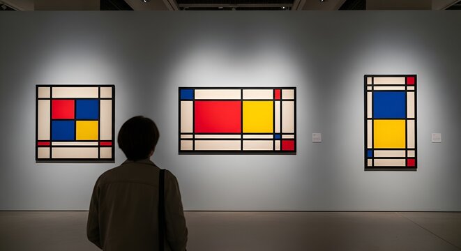 a person seen from behind at the museum looking
a square, a horizontal rectangle and a vertical rectangle hanging on the wall, Mondrian style, spot light