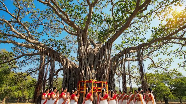 Traditional festival celebration under Banyan tree with dancers performing rituals in beautiful costumes. Cultural significance of Banyan tree highlighted with vibrant dress and festive atmosphere.