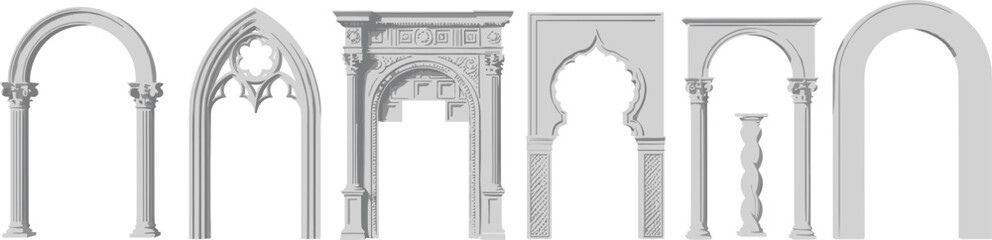 Fototapeta premium Vector Illustration Set of Classic Architectural Arches Gothic Renaissance and Moorish Doorway Designs with Roman Columns and Ornate Stone Frames for Luxury Interior Design Projects