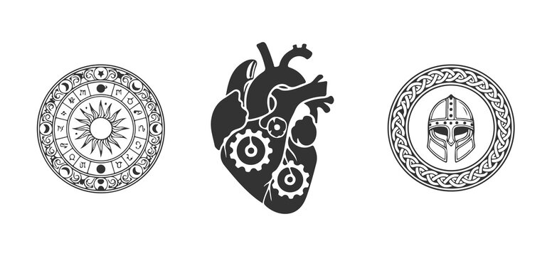 Set of mystical symbols including zodiac sun dial, mechanical clockwork heart, and Viking helmet