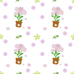 Cute Pastel Potted Flowers Seamless Pattern with Small Floral Elements
